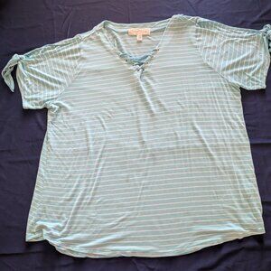 French Laundry Striped Lace-up Tee Aqua/White 3x Plus size